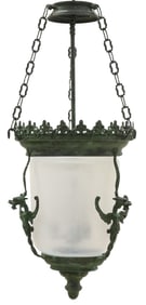 VERDIGRIS METAL & GLASS BELL JAR 3-LIGHT HANGING LANTERN