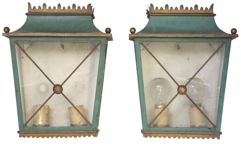 (2) CONTINENTAL PAINTED IRON 2-LT LANTERN WALL SCONCES