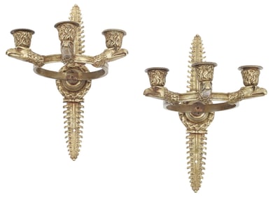(2) FRENCH EMPIRE ORMOLU EAGLE HEAD THREE-LIGHT SCONCES