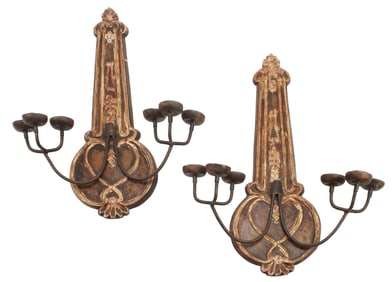 (2) PARCEL-GILT CARVED WOOD & WROUGHT IRON 6-LIGHT CANDLE SCONCES, 32"H