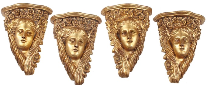 (4) GILTWOOD FIGURAL MASK WALL BRACKETS