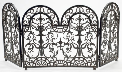 SCROLLED WROUGHT IRON FOLDING THREE-PANEL FIRE SCREEN