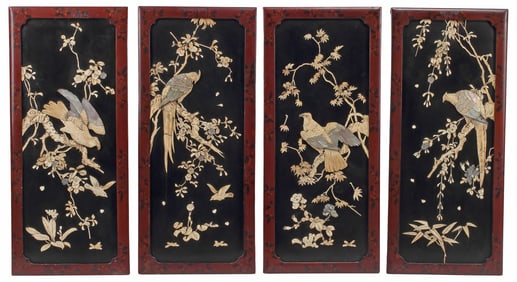 (4) JAPANESE MEIJI-ERA MOP & BONE-INLAID LACQUERED PANELS, 36"H