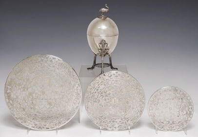 (4) WEBSTER STERLING & GLASS TRIVETS & VICTORIAN SILVERPLATE EGG CODDLER