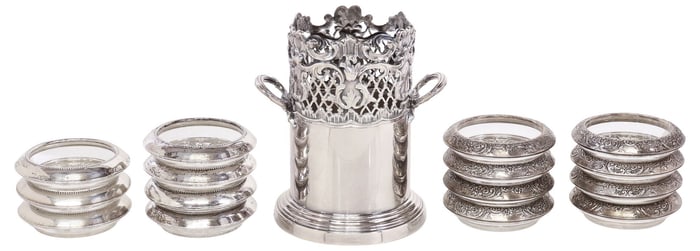 (16) FRANK M. WHITING STERLING SILVER & GLASS COASTERS
