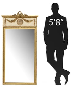 FRENCH LOUIS XVI STYLE PARCEL-GILT TRUMEAU MIRROR, 63.5"H