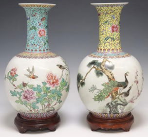 (2) CHINESE FAMILLE ROSE PORCELAIN VASES ON WOOD STANDS