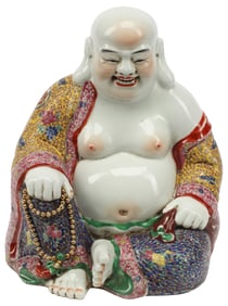 CHINESE FAMILLE ROSE ENAMELED PORCELAIN FIGURE, LAUGHING BUDDHA