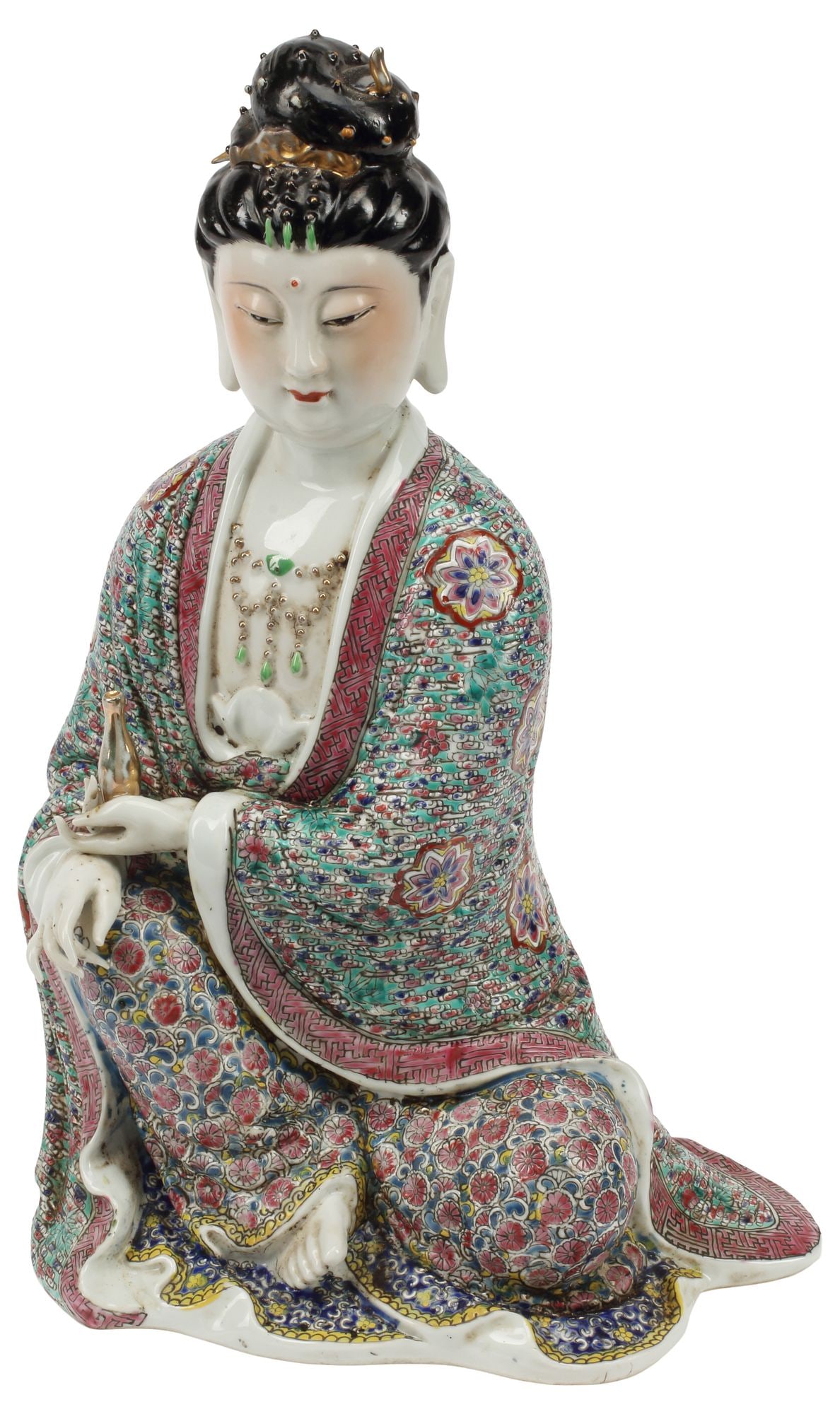 CHINESE FAMILLE ROSE FIGURE OF SEATED GUANYIN, 15.5"H: Chinese famille rose porcelain figure of seated Guanyin, her robes decorated in polychrome enamels, depicted holding a small gilt bottle, impressed seal mark at underside of base, approx 15.5"h, 10"w,