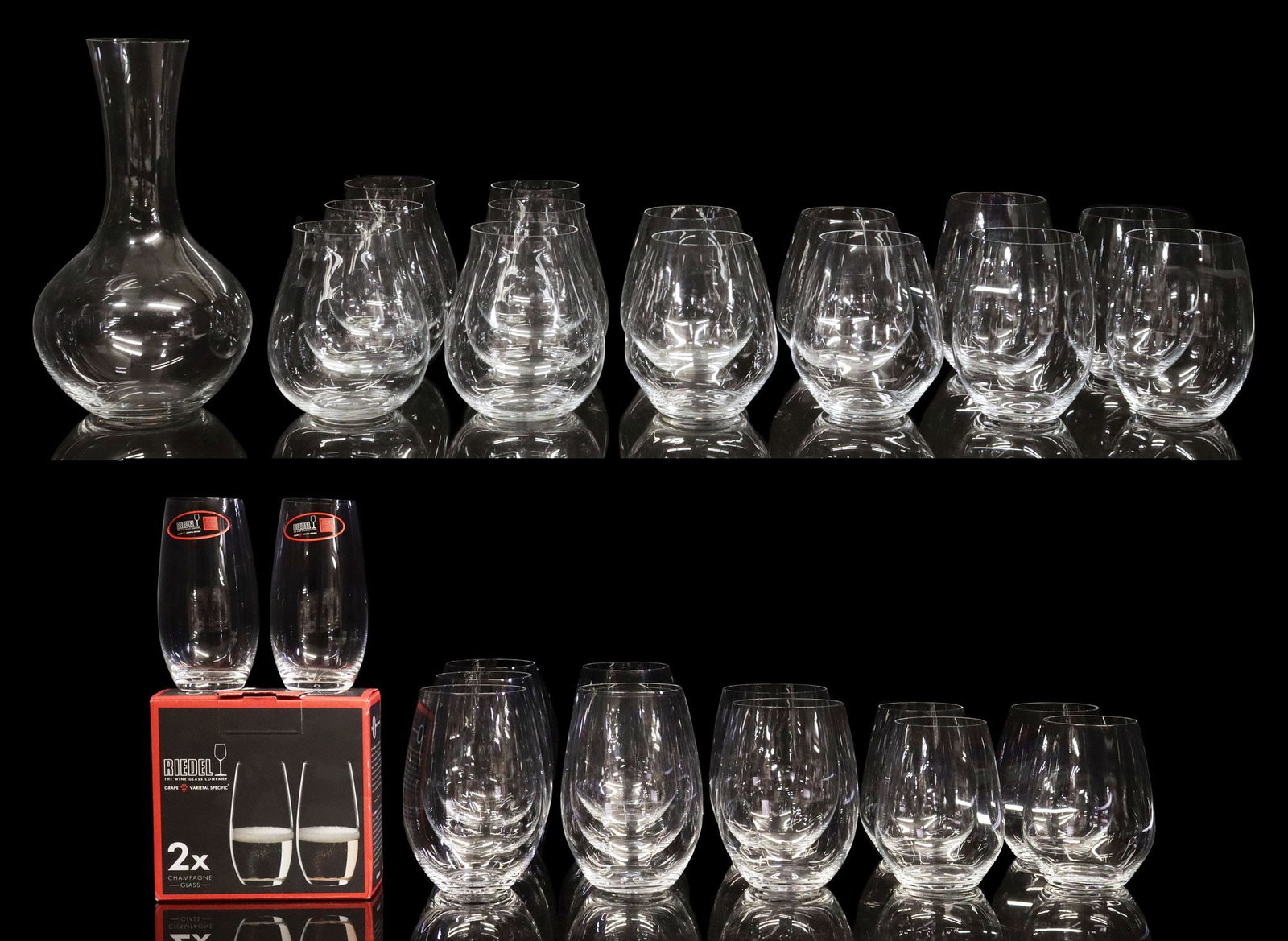 (29) RIEDEL COLORLESS GLASS WINE TUMBLERS & DECANTER: (lot of 29) Riedel colorless glass drinkware, all with acid-etched maker's mark, including: (6) New World pinot noir tumblers, approx 5"h, 4"diam; (6) Bordeaux/ red wine tumblers, approx