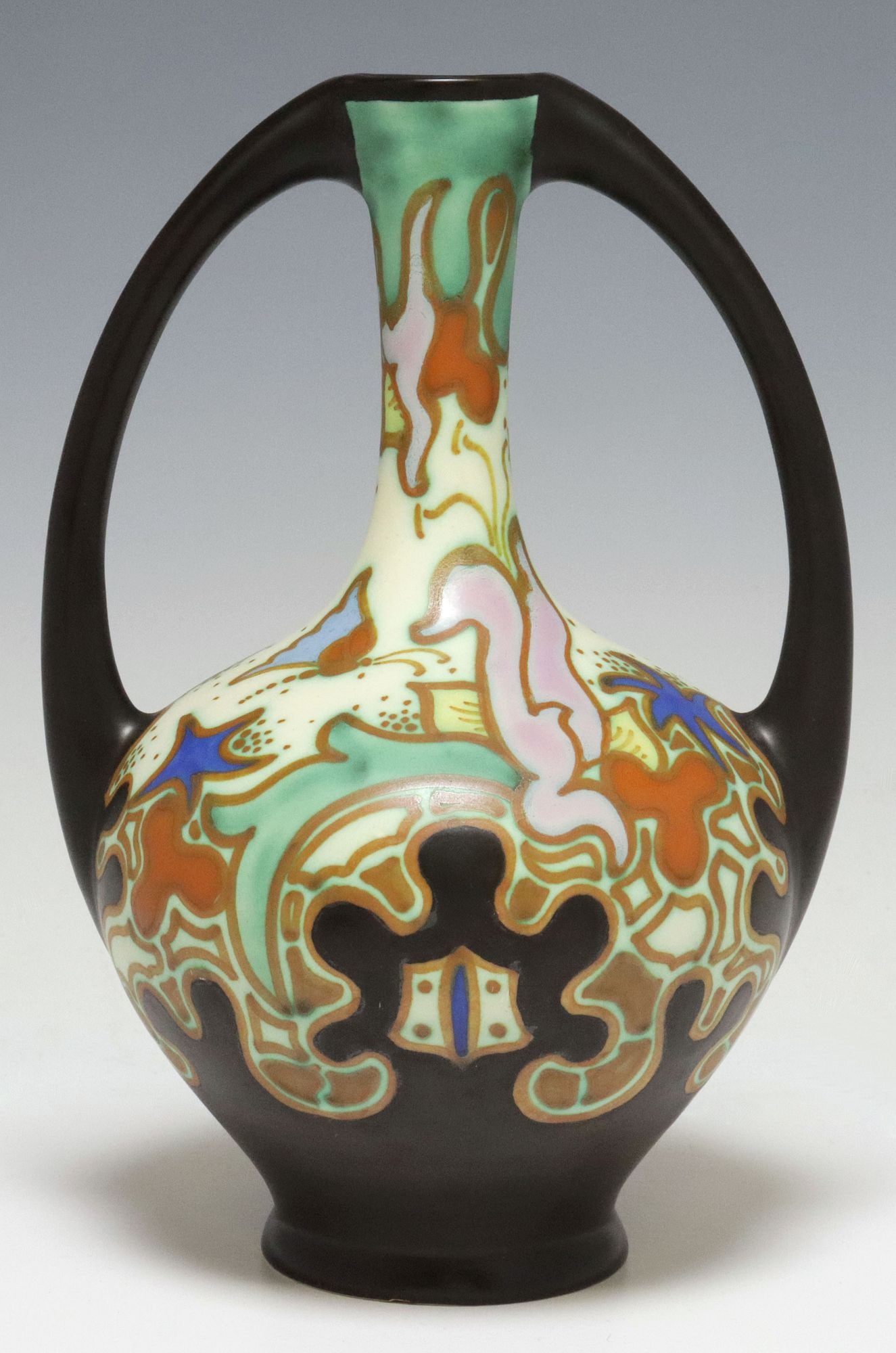 DUTCH ART DECO ROYAL GOEDEWAAGEN GOUDA POTTERY AMPHORA VASE: Dutch Art Deco pottery amphora-form vase, Royal Goedewaagen, Gouda, Holland, c.1920s-1930s, narrow neck over the bulbous body, painted with stylized flowers and butterflies, framed by curve