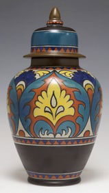 DUTCH ART DECO PZH GOUDA POTTERY 'CHARDON' VASE & COVER