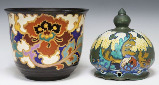 (2) DUTCH GOUDA POTTERY REGINA & PZH 'CORONA' JARDINIERES