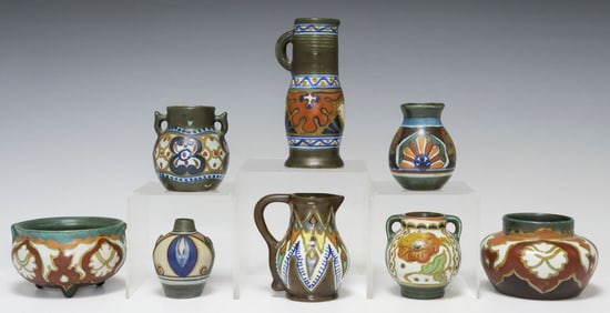 (8) DUTCH PZH GOUDA POTTERY SMALL CABINET VASES & PITCHERS