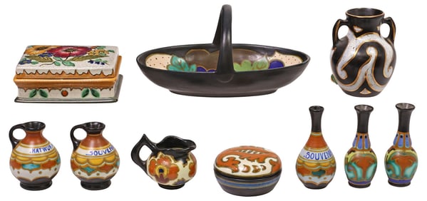 (10) DUTCH PZH & OTHER GOUDA POTTERY SMALL CABINET VASES & BOXES