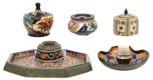 (5) DUTCH PZH GOUDA POTTERY DESK ACCESSORIES INKWELLS & ASHTRAY