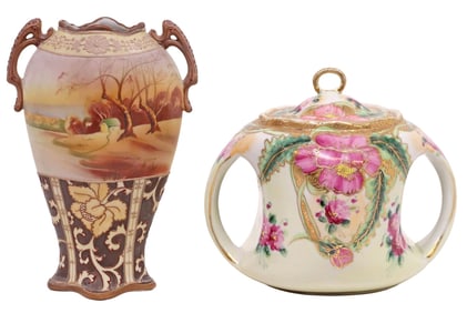 (2) NIPPON HAND-PAINTED MORIAGE PORCELAIN VASE & BISCUIT JAR, 1 ATTRIB.