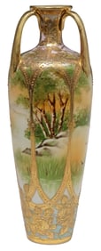 NIPPON 3-HANDLE PARCEL-GILT MORIAGE PORCELAIN VASE, MAPLE LEAF MARK