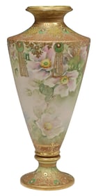 ORNATE NIPPON PARCEL-GILT MORIAGE PORCELAIN VASE, MAPLE LEAF MARK