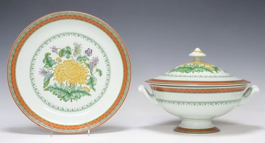 (2) LARGE HAVILAND LIMOGES 'CHRYSANTHEME' CELADON PORCELAIN TUREEN & UNDERPLATE