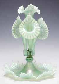FENTON CENTENNIAL 'WILLOW GREEN' OPALESCENT ART GLASS EPERGNE