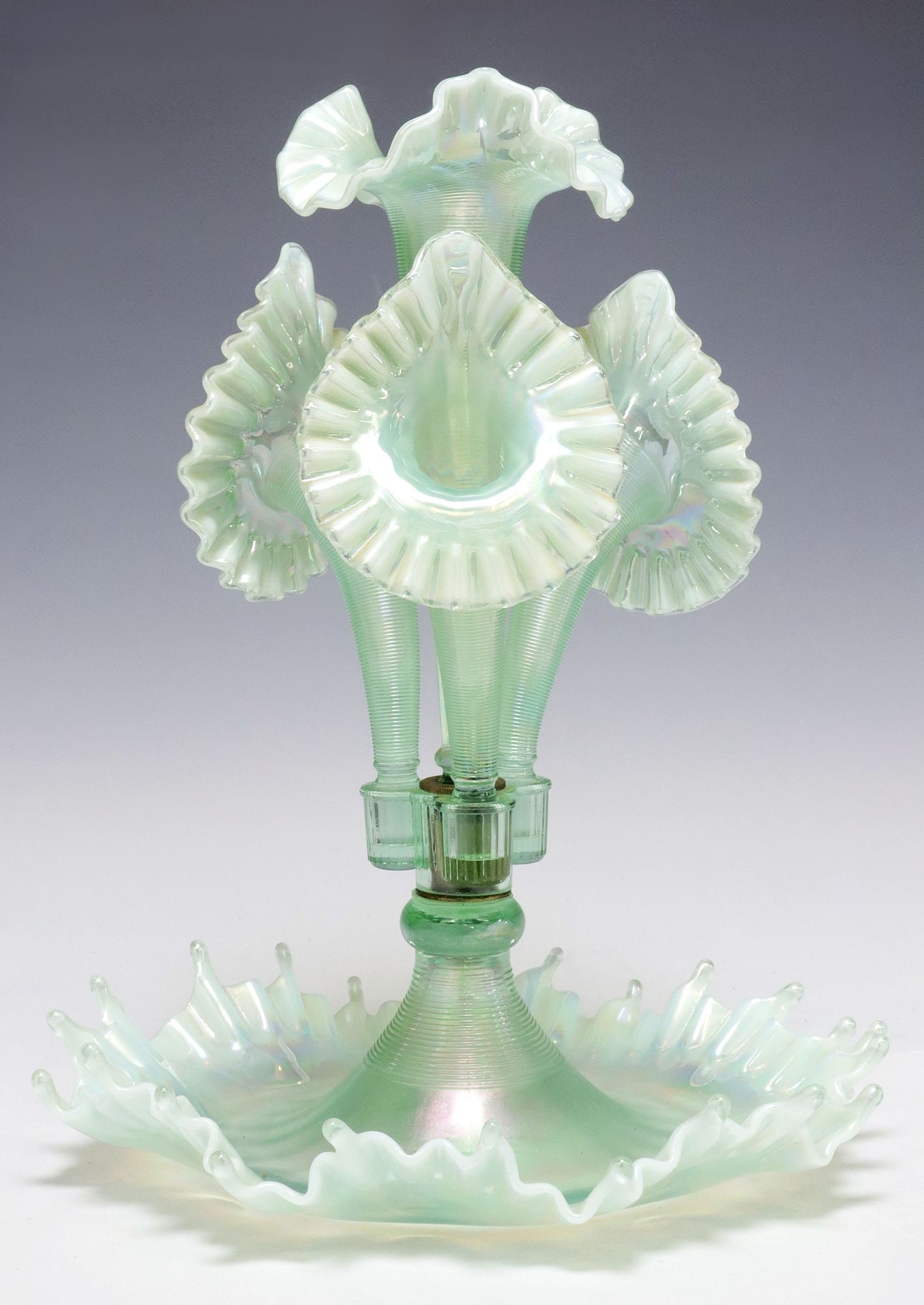 FENTON CENTENNIAL 'WILLOW GREEN' OPALESCENT ART GLASS EPERGNE (1 of 5)