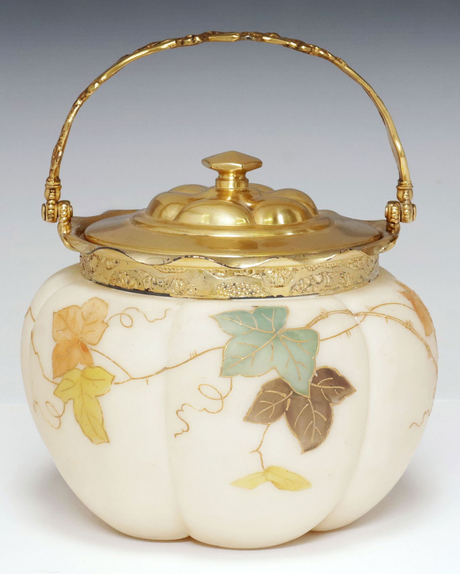 MT. WASHINGTON METAL-MOUNTED HAND-PAINTED ART GLASS BISCUIT JAR (1 of 3)