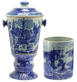 (2) BLUE & WHITE TRANSFERWARE LIDDED  JAR & CIRCULAR PLANTER