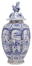 DELFT BLUE & WHITE RIBBED OCTAGONAL BALUSTER VASE & COVER, 18.5"H