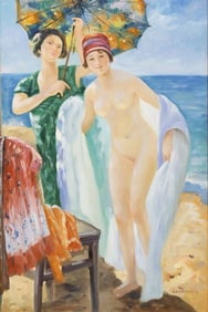 AFTER LAUREANO BARRAU PAINTING OF A BATHER, 36" X 24"
