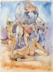 SIGNED TINDAL (20TH C.) WATERCOLOR PAINTING, MALE NUDES WITH GLOBE