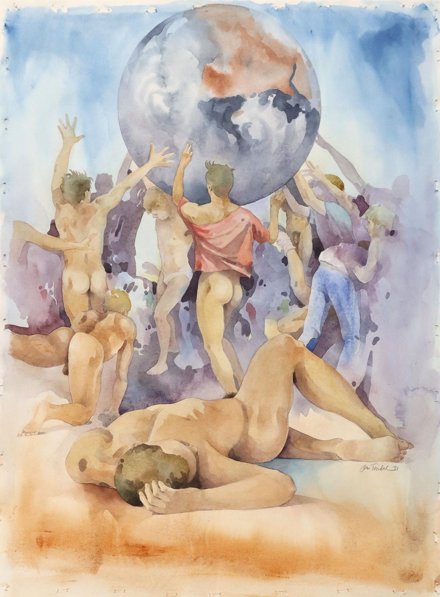 SIGNED TINDAL (20TH C.) WATERCOLOR PAINTING, MALE NUDES WITH GLOBE (1 of 7)
