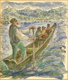 CHAIM GOLDBERG (1917-2004) INK & WATERCOLOR BOATING PARTY