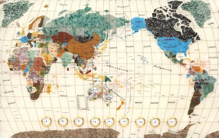CONTEMPORARY FRAMED SEMI-PRECIOUS STONE & SHELL-INLAID MAP OF THE WORLD