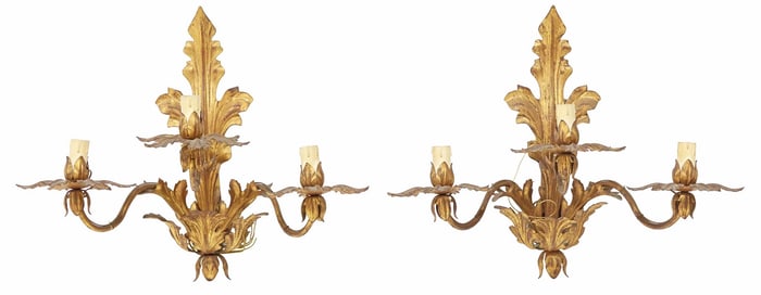 (2) FLORENTINE LOUIS XV STYLE GILT IRON FOLIATE 3-LT WALL SCONCES