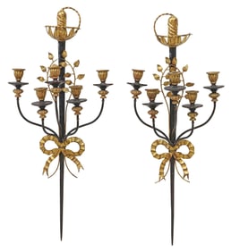 (2) LARGE GILTWOOD & TOLE SWORD-FORM 5-LIGHT CANDLE SCONCES, 37"H
