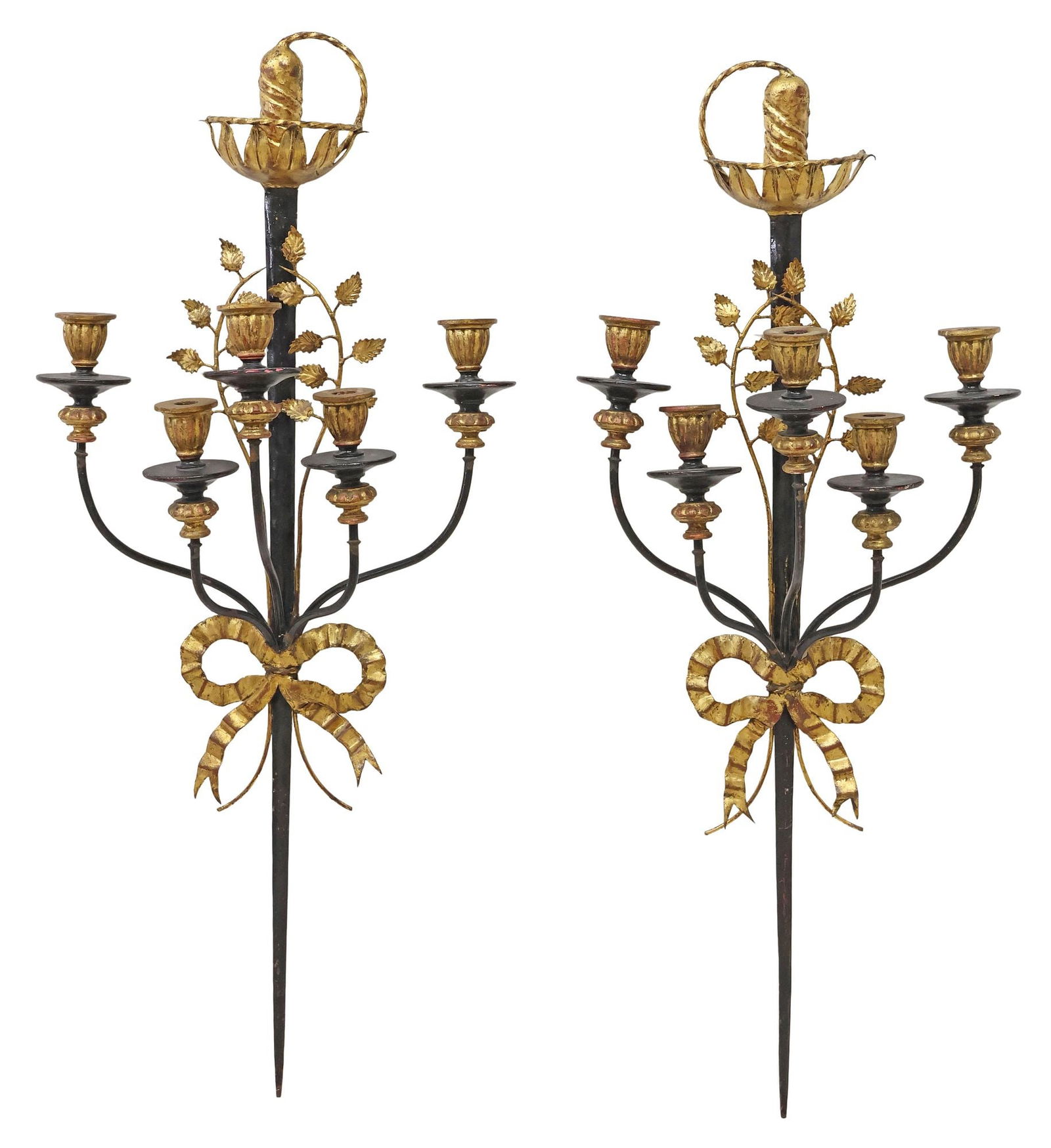 (2) LARGE GILTWOOD & TOLE SWORD-FORM 5-LIGHT CANDLE SCONCES, 37"H (1 of 3)