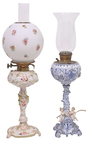 (2) GERMAN DRESDEN PORCELAIN OIL LAMPS, 1 NOW ELECTRIFIED