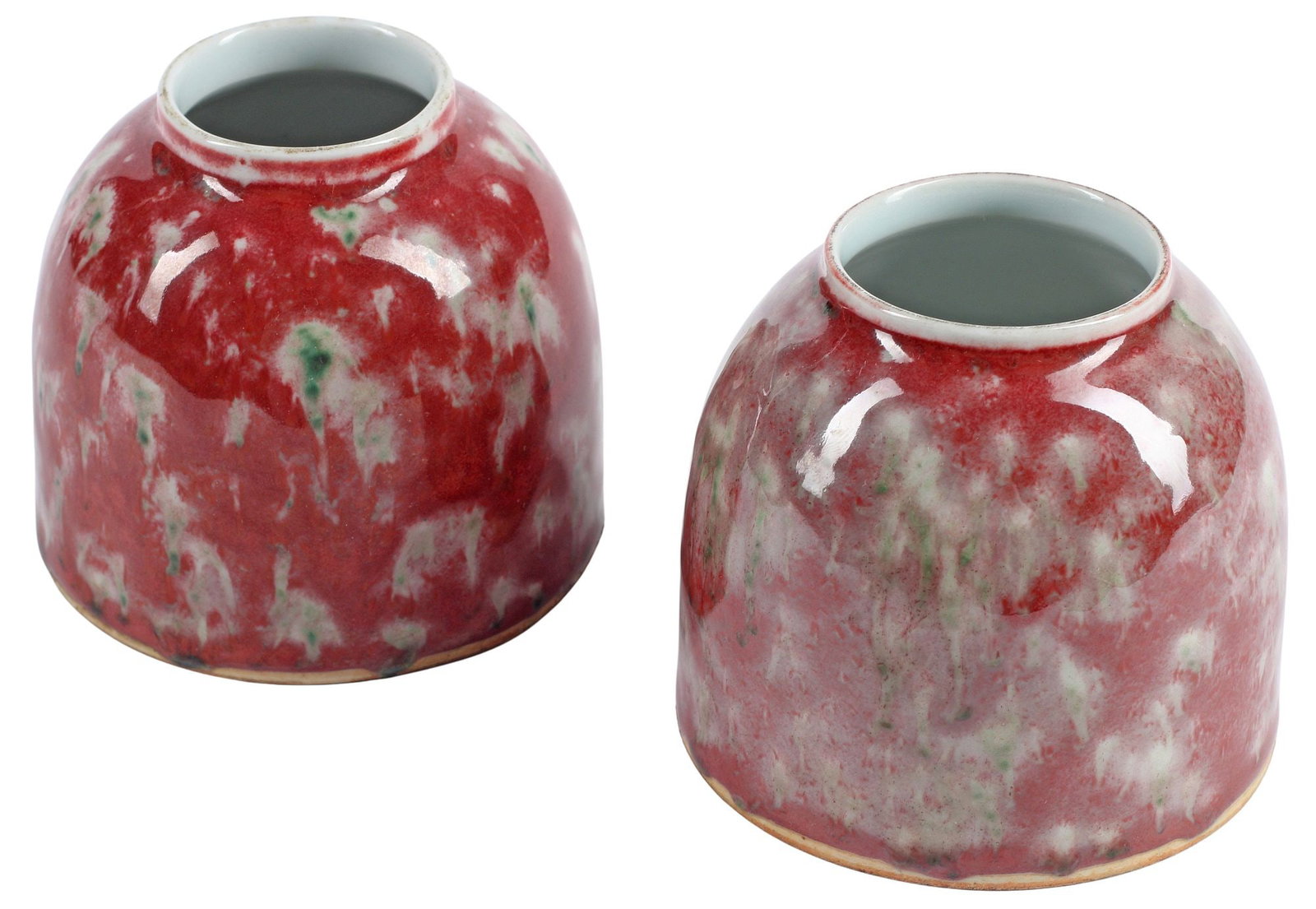 (2) CHINESE PEACHBLOOM-GLAZED FLAMBE PORCELAIN WATER POTS: (pair) Chinese peachbloom-glazed porcelain water pots, each in a mottled flambe glaze, approx 3"h, 3.5"diam, 1.5lbs totalÃ‚Â
