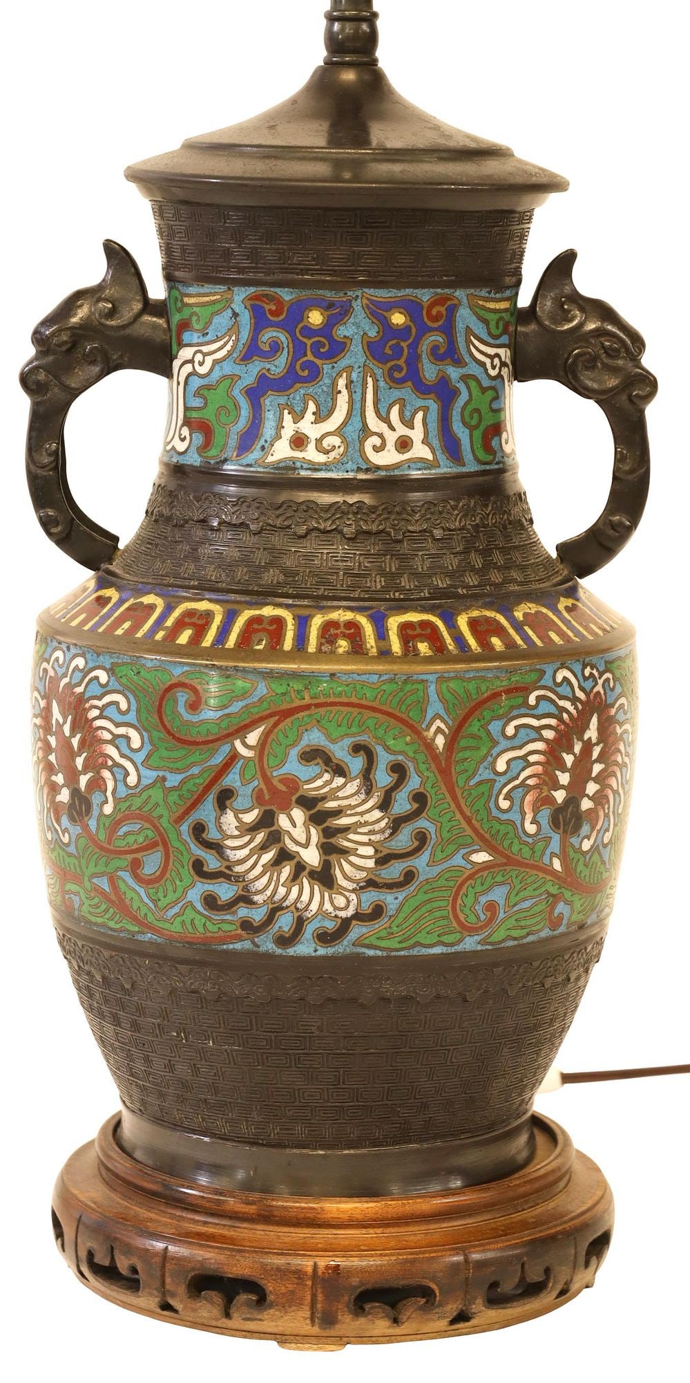 CHINESE CHAMPLEVE ENAMEL & PATINATED METAL VASE TABLE LAMP (1 of 5)