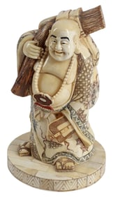 ASIAN CARVED BONE-TILED OKIMONO BUDDHIST MONK HOTEI