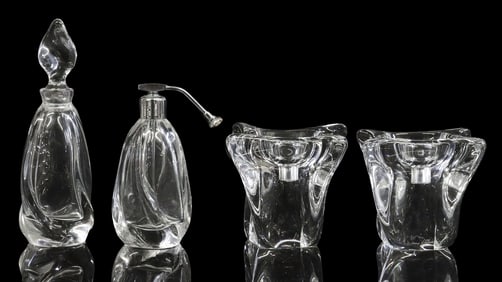 (4) FRENCH DAUM ART CRYSTAL CANDLESTICK HOLDERS & 'HEBE' SCENT BOTTLES