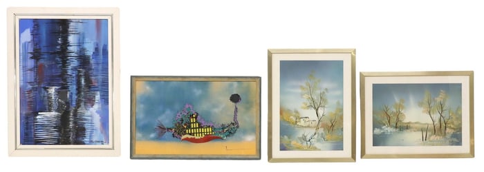 (4) FRAMED ARTWORK, LANDSCAPE PAINTINGS & ABSTRACT COMPOSITIONS