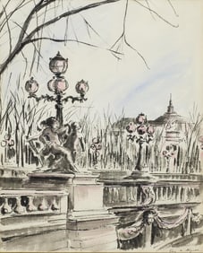 GUY NEYRAC (D.1950) FRENCH STREET SCENE DRAWING, 23" X 18.5"