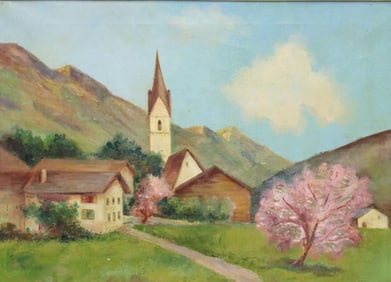 FRAMED OIL ON CANVAS PAINTING, SPRINGTIME VILLAGE, 20" X 28"