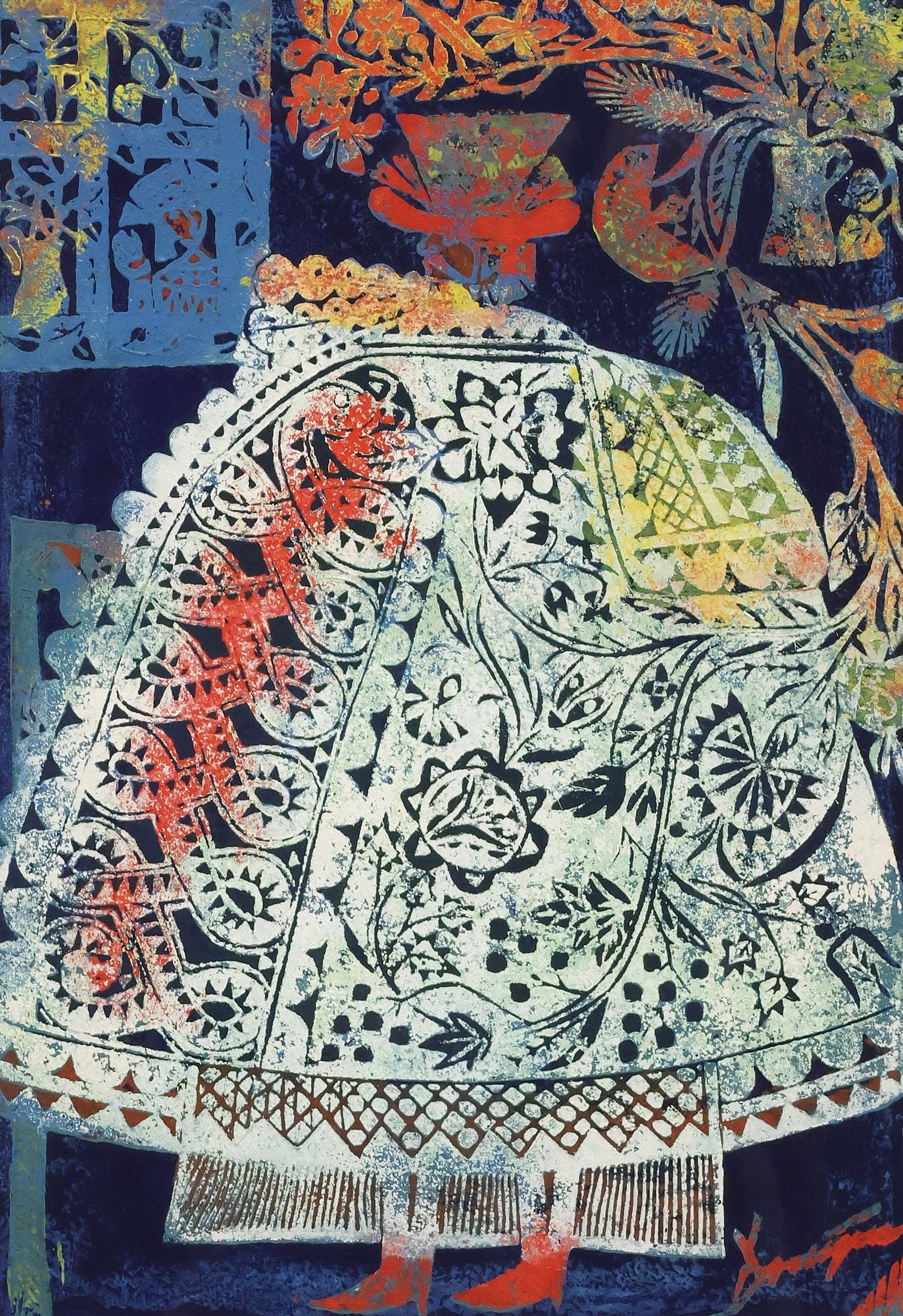 JOZSEF DOMJAN (1907-1992) COLOR WOODCUT 'FARAWAY': Framed woodcut in colors on paper, "Faraway," signed lower right Domjan (Jozsef Domjan, Hungarian/ American, 1907-1992), numbered 1/ 19, sight: approx 21 5/8"h, 15"w, overall: