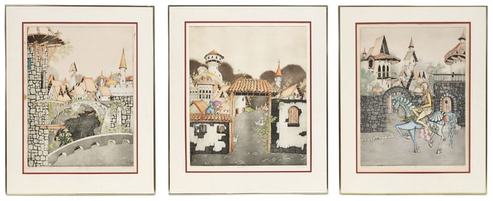 (3) DAN MITRA (20TH C.) HAND-TINTED ETCHINGS, VILLAGE SCENES & LADY GODIVA