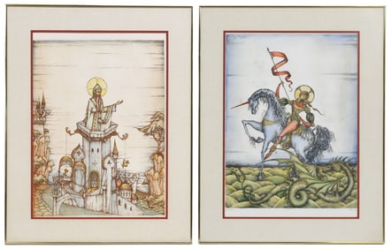 (2) DAN MITRA (20TH C.) HAND-TINTED ETCHINGS, SAINTS GEORGE & SIMEON