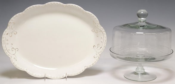 (2) ENGLISH JOHNSON BROTHERS SERVICE PLATTER & DOMED GLASS CAKE STAND