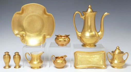 (9) GILT-ENCRUSTED PORCELAIN TABLEWARE, PICKARD, WHEELING & OTHER